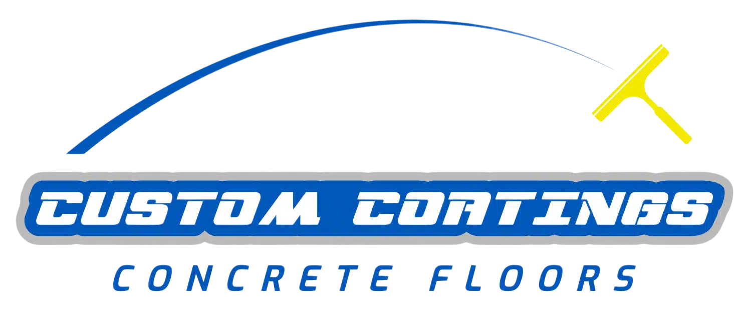 The image displays the logo of "Custom Coatings Concrete Floors" with blue and yellow colors, featuring a stylized concrete tool. No landmarks or buildings present.